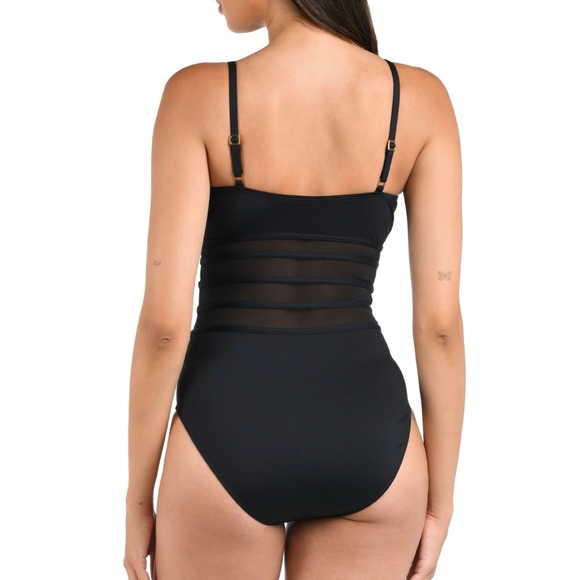 La Blanca Black Island Goddess Over the Shoulder Mesh One Piece Swimsuit - Picture 3 of 9